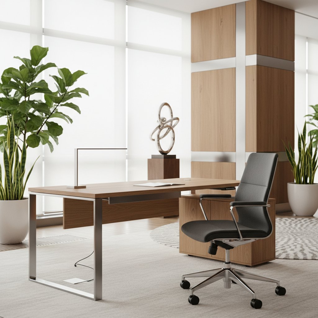 Modern office workspace featuring ergonomic desks and chairs arranged in professional setting